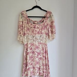 Free People Floral Lace Waist Mini Dress With Tie Back